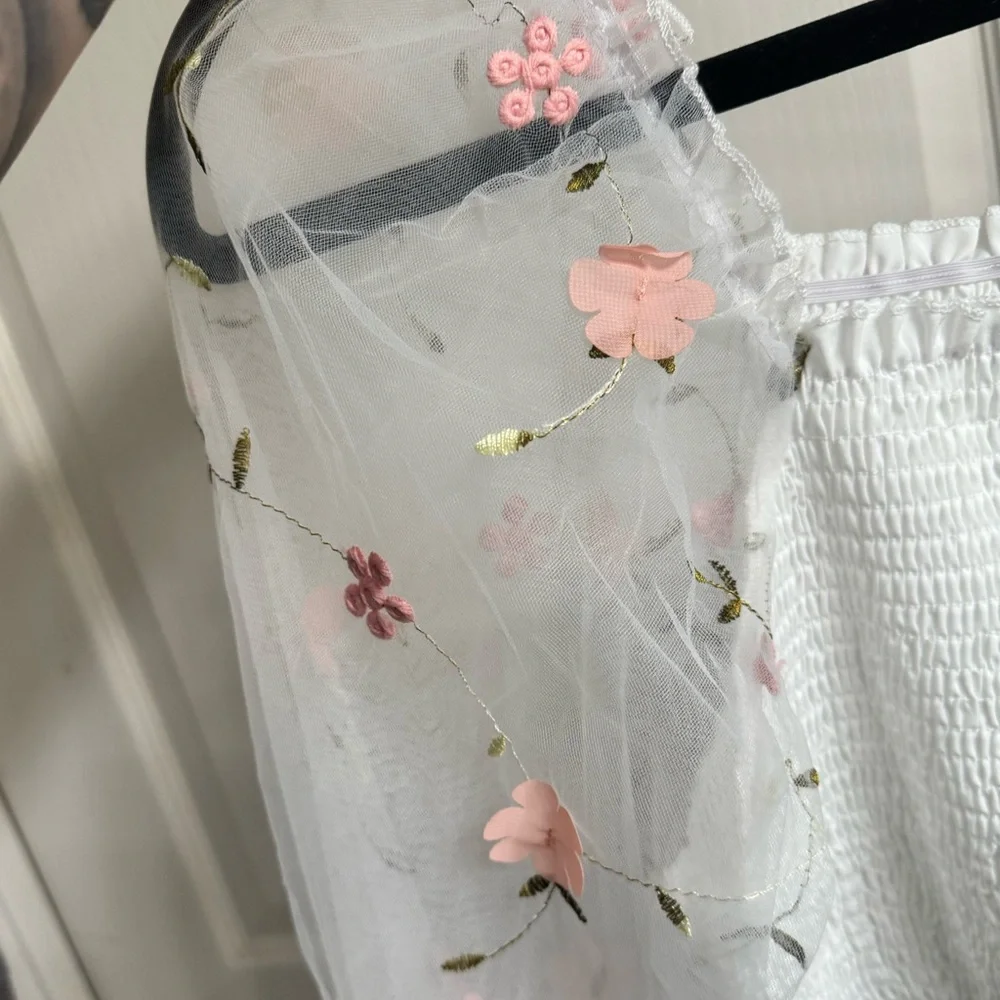 white floral shirred off the shoulder top mesh sleeves - Picture 4 of 5